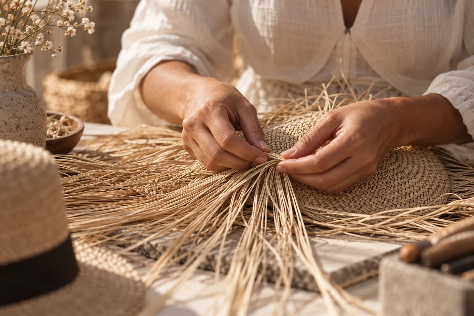 Hands weaving natural palm fiber